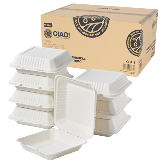 CIAO! 9"x9"x3" Clamshell 1 Compartment 100% Compostable Ecofriendly PFAS Free Unbleached Bagasse Natural White (200/case) …