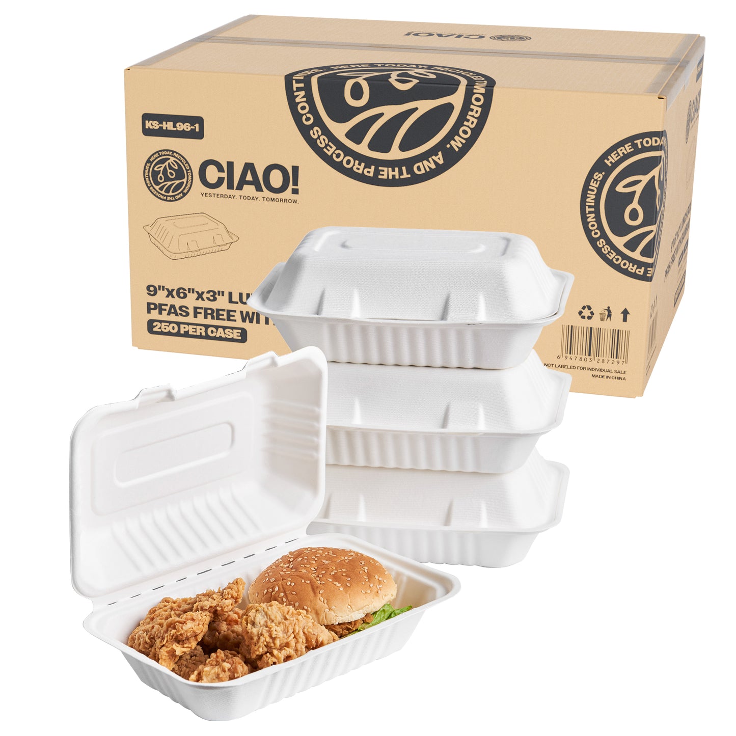 CIAO! 9"X6"X3" Clamshell 1 Compartment 100% Compostable Ecofriendly PFAS Free Unbleached Bagasse Natural White (250/case) …