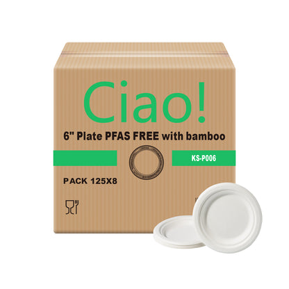 CIAO! 6" Heavy Duty Plate 100% Compostable Ecofriendly PFAS Free Unbleached Bagasse Natural White (Pack of 1,000) …