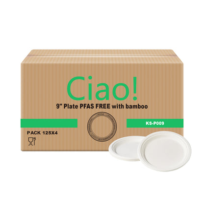 CIAO! 9" Heavy Duty Plate 100% Compostable PFAS Free Unbleached Bagasse Natural White (Pack of 500) …