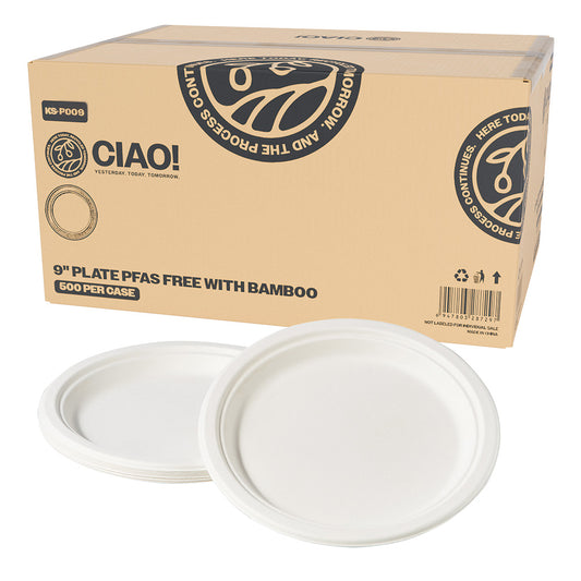 CIAO! 9" Heavy Duty White Plate 100% Compostable PFAS Free Unbleached Bagasse Natural White (Pack of 500)