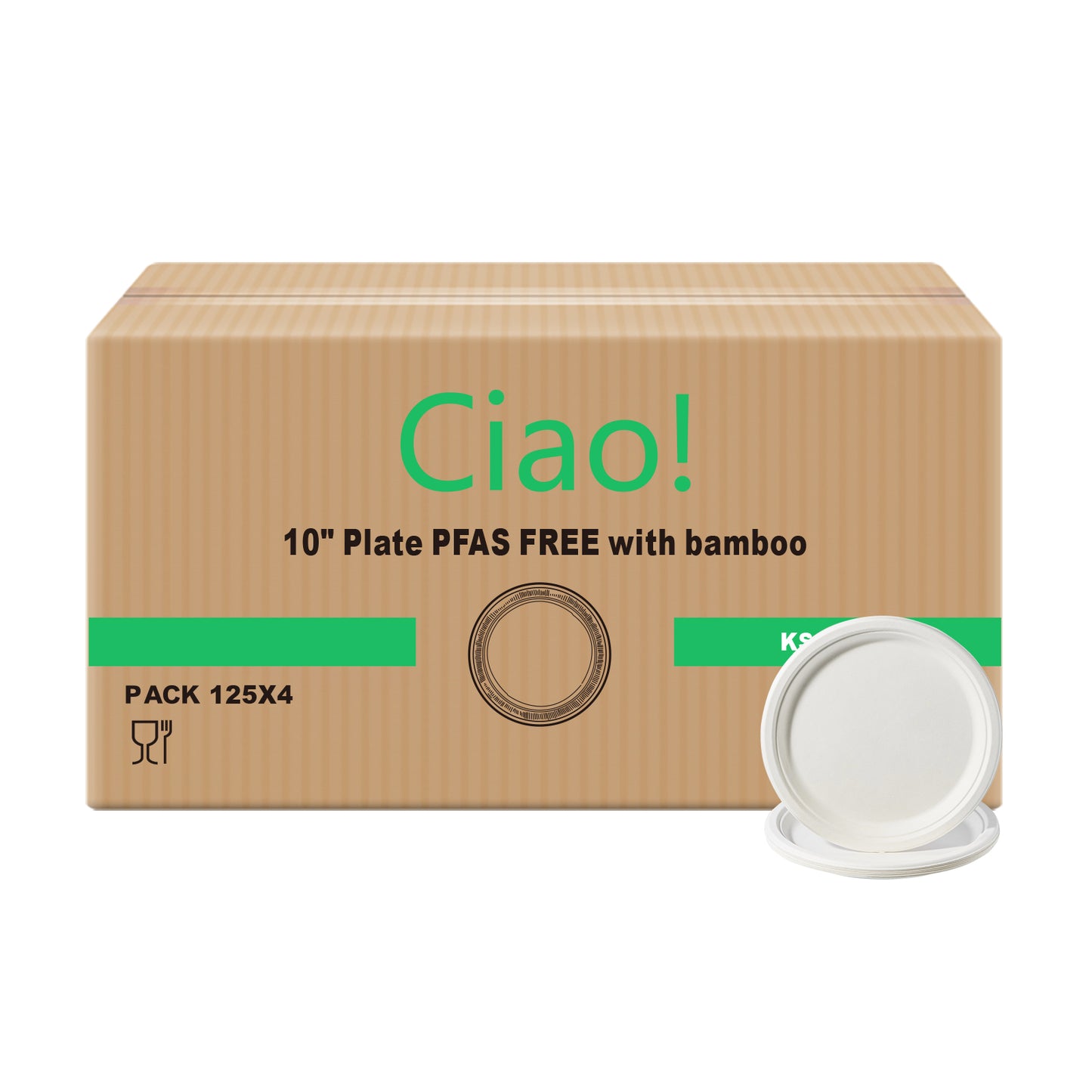 CIAO! 10" Heavy Duty Plate 100% Compostable PFAS Free Unbleached Bagasse Natural White (Pack of 500)