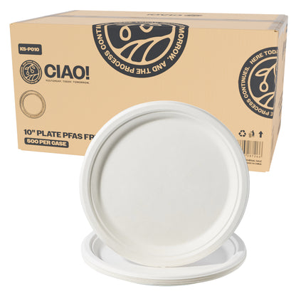 CIAO! 10" Heavy Duty Plate 100% Compostable PFAS Free Unbleached Bagasse Natural White (Pack of 500)