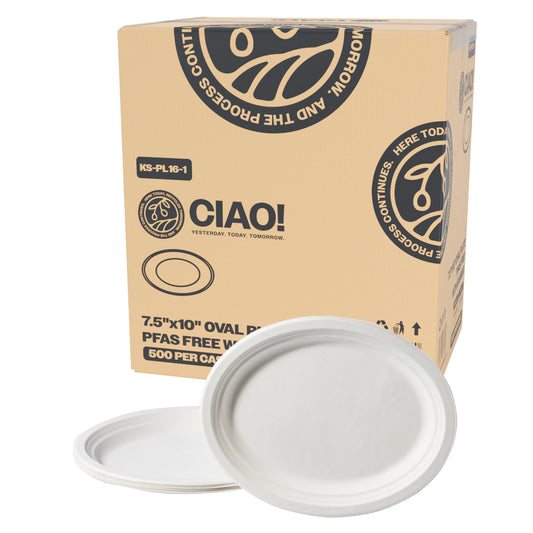 CIAO! 7.5"X10" Heavy Duty Oval Plate 100% Compostable PFAS Free made with Unbleached Bagasse Natural White (Pack of 500)