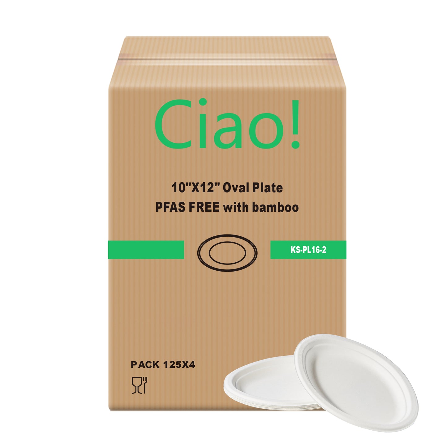 CIAO! 10"X12" Heavy Duty Oval Plate 100% Compostable PFAS Free Unbleached Bagasse Natural White (Pack of 500)