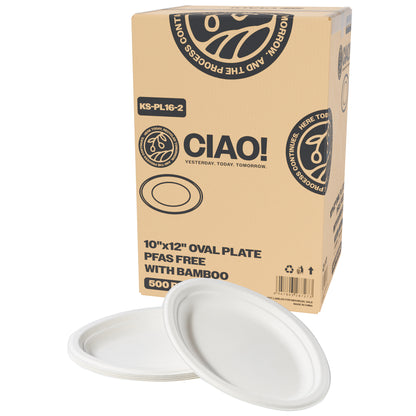 CIAO! 10"X12" Heavy Duty Oval Plate 100% Compostable PFAS Free Unbleached Bagasse Natural White (Pack of 500)