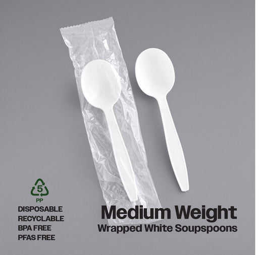 CIAO! Medium Weight Disposable White Soupspoons Polypropylene Individually Wrapped (Case of 1,000)