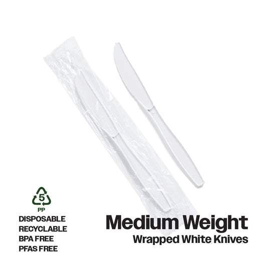 CIAO! Medium Weight Disposable White Knife Polypropylene Individually Wrapped (Case of 1,000)