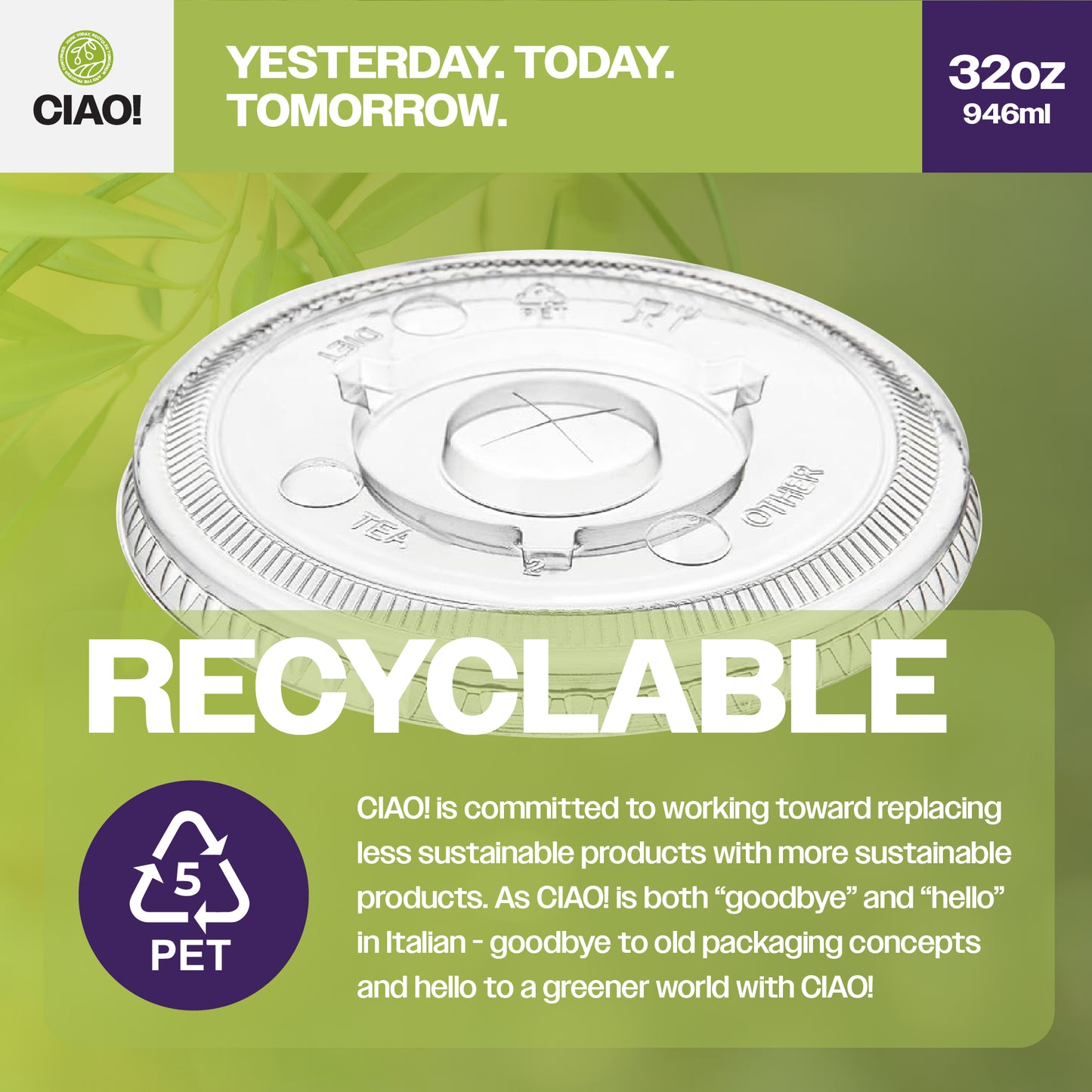 CIAO! Ultra Clear PET Flat Lid with Straw Slot - Fits CIAO! 32 oz PP Cups, 105mm (Case of 500)