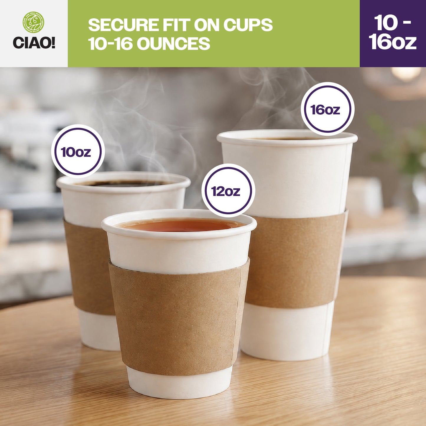 CIAO! Kraft Hot Coffee Cup Sleeves, Fits 10–16 oz Paper Cups, Disposable Insulated Cup Sleeves, Bulk Pack of 1000