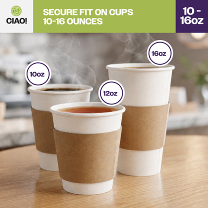 CIAO! Kraft Hot Coffee Cup Sleeves, Fits 10–16 oz Paper Cups, Disposable Insulated Cup Sleeves, Bulk Pack of 1000