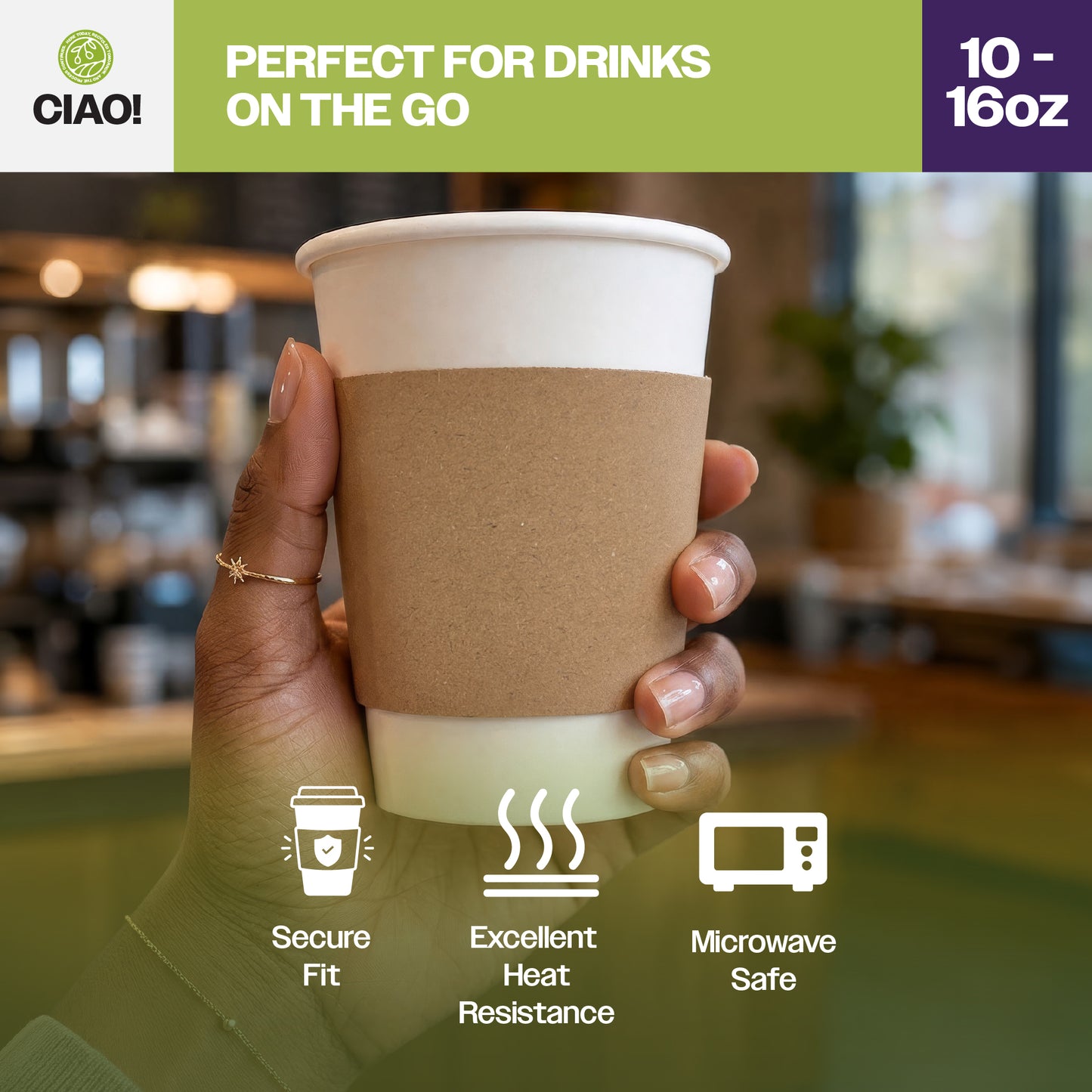 CIAO! Kraft Hot Coffee Cup Sleeves, Fits 10–16 oz Paper Cups, Disposable Insulated Cup Sleeves, Bulk Pack of 1000