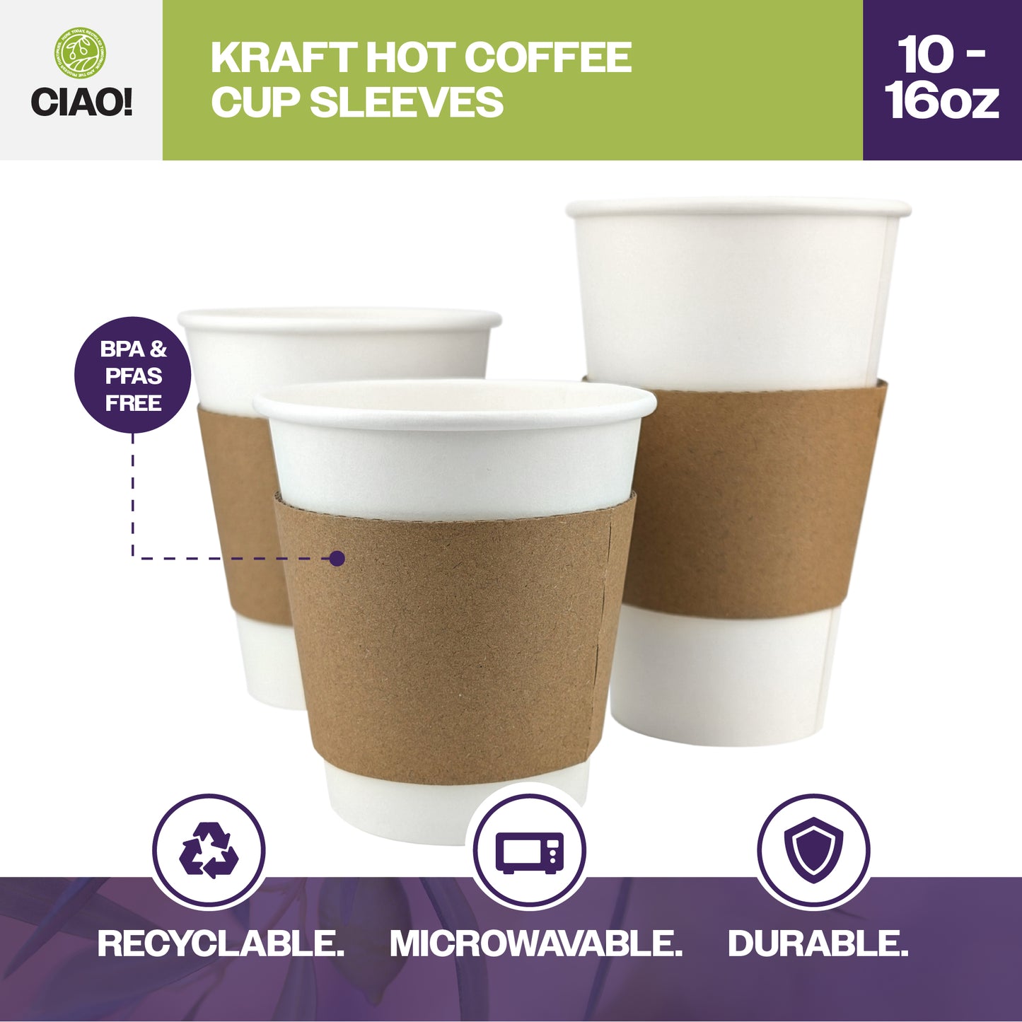 CIAO! Kraft Hot Coffee Cup Sleeves, Fits 10–16 oz Paper Cups, Disposable Insulated Cup Sleeves, Bulk Pack of 1000
