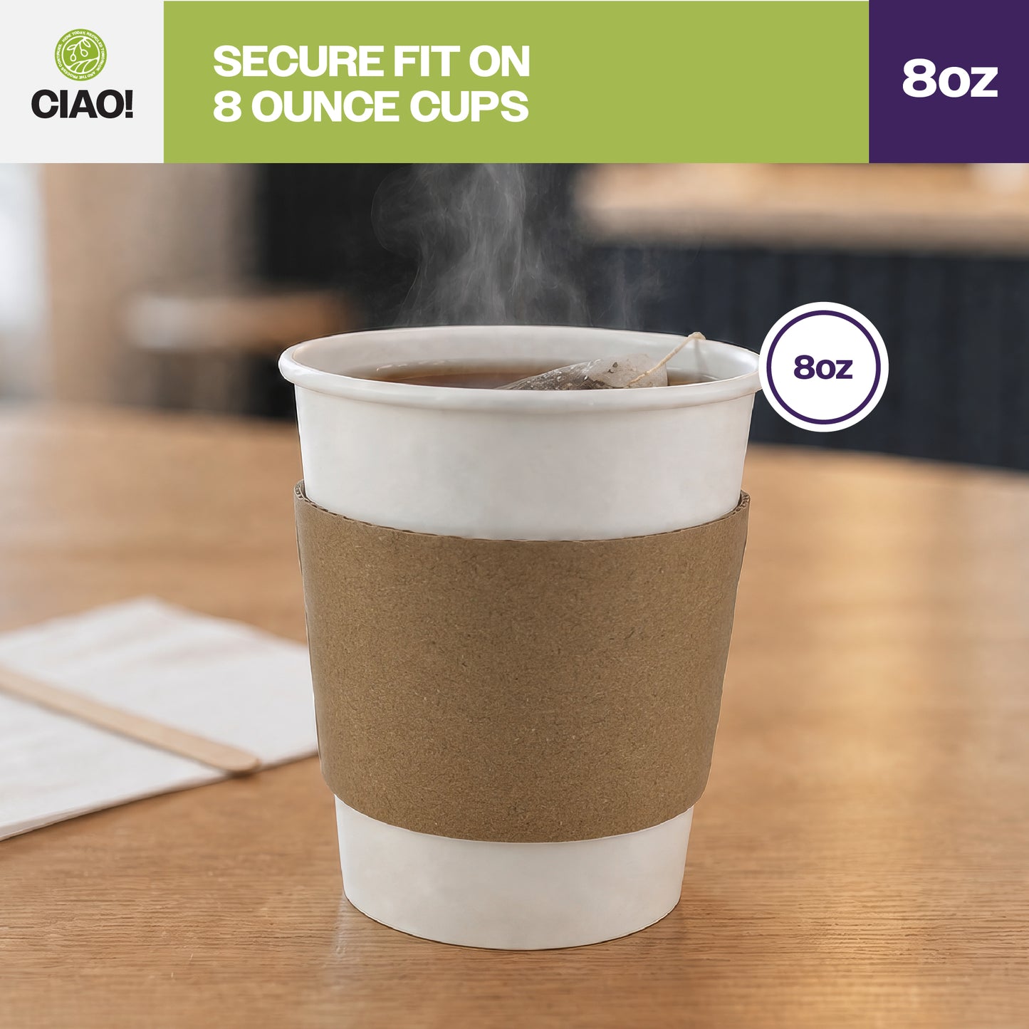 CIAO! Kraft Hot Coffee Cup Sleeves, Fits 8oz Paper Cups, Disposable Insulated Cup Sleeves, Bulk Pack of 1000