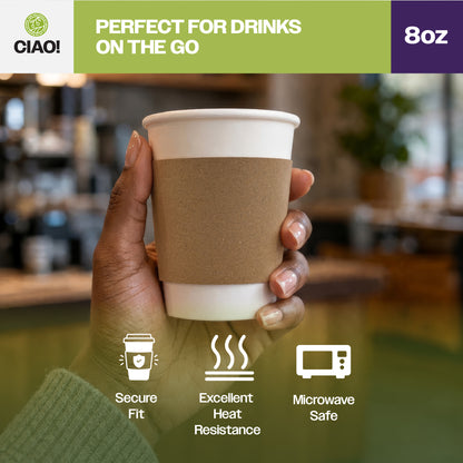CIAO! Kraft Hot Coffee Cup Sleeves, Fits 8oz Paper Cups, Disposable Insulated Cup Sleeves, Bulk Pack of 1000