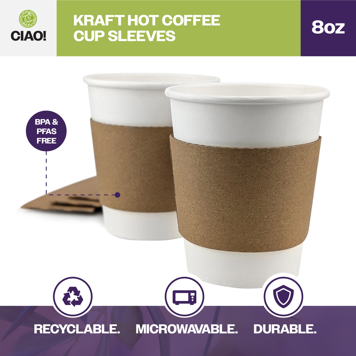 CIAO! Kraft Hot Coffee Cup Sleeves, Fits 8oz Paper Cups, Disposable Insulated Cup Sleeves, Bulk Pack of 1000