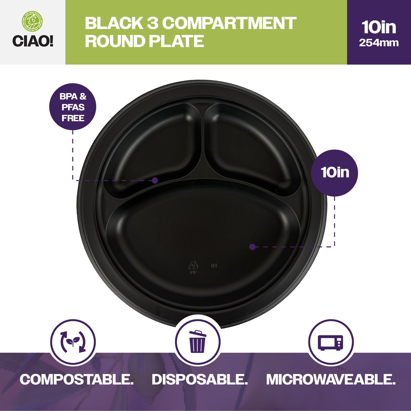 CIAO! 10" MFPP 3 Compartment Heavy Weight Plastic Plate Black (Case of 400)