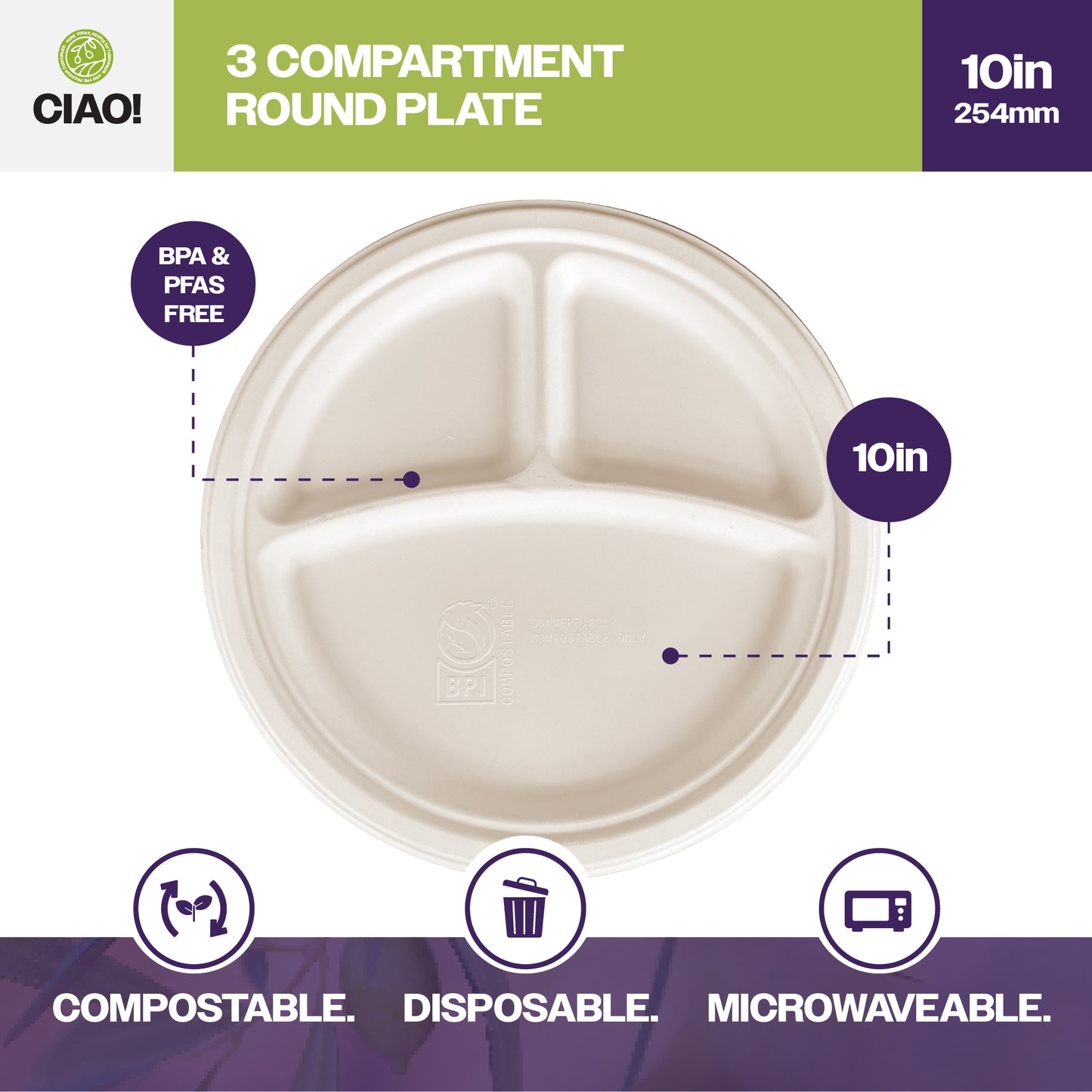 CIAO! 10" Heavy Duty Plate 3 compartment 100% Compostable PFAS Free Unbleached Bagasse Natural White (Pack of 500)