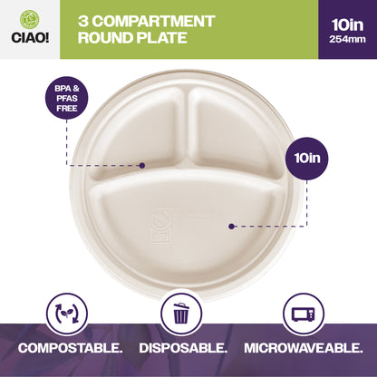 CIAO! 10" Heavy Duty Plate 3 compartment 100% Compostable PFAS Free Unbleached Bagasse Natural White (Pack of 500)