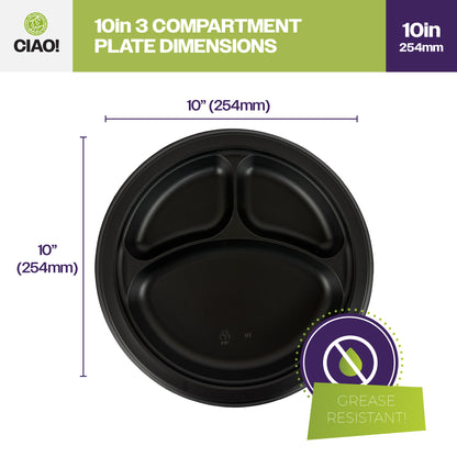 CIAO! 10" MFPP 3 Compartment Heavy Weight Plastic Plate Black (Case of 400)