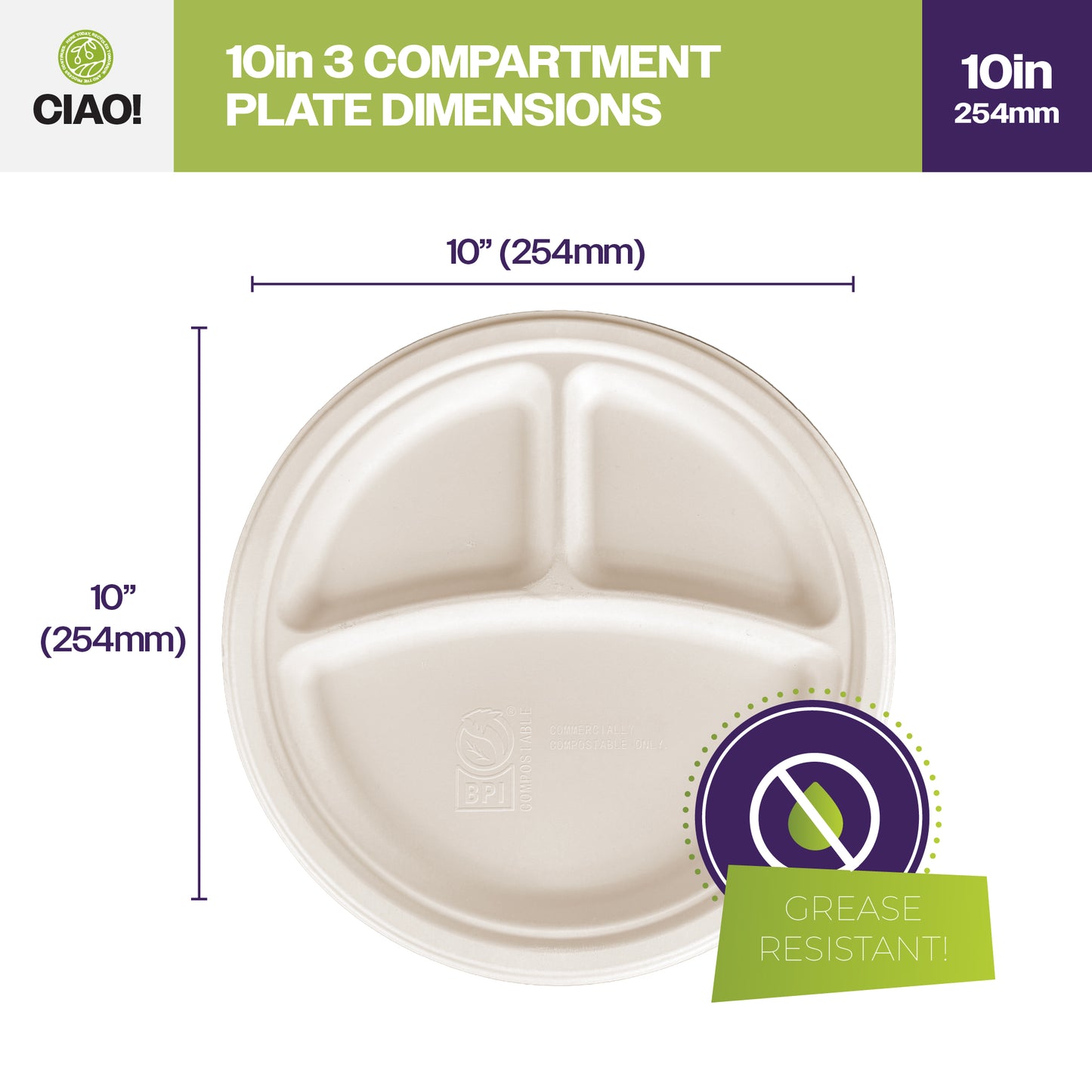 CIAO! 10" Heavy Duty Plate 3 compartment 100% Compostable PFAS Free Unbleached Bagasse Natural White (Pack of 500)