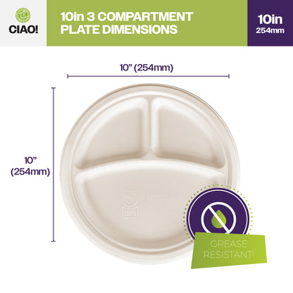 CIAO! 10" Heavy Duty Plate 3 compartment 100% Compostable PFAS Free Unbleached Bagasse Natural White (Pack of 500)
