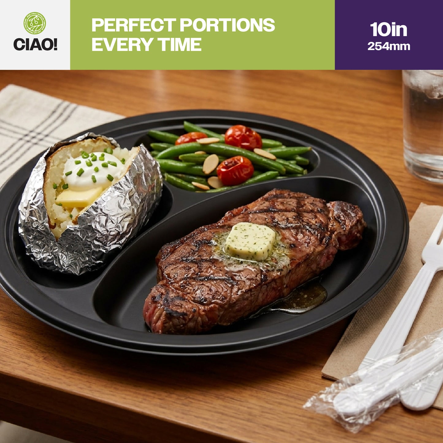 CIAO! 10" MFPP 3 Compartment Heavy Weight Plastic Plate Black (Case of 400)