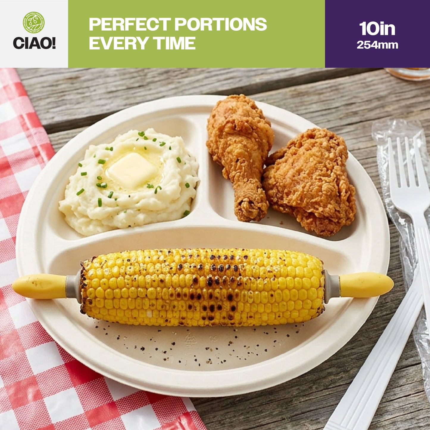 CIAO! 10" Heavy Duty Plate 3 compartment 100% Compostable PFAS Free Unbleached Bagasse Natural White (Pack of 500)