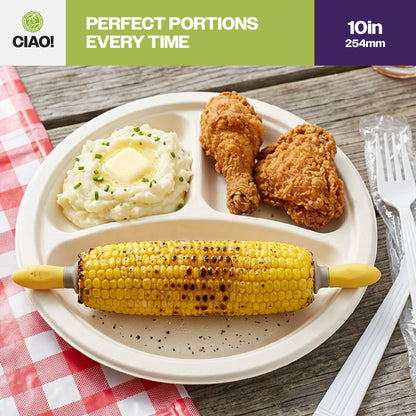 CIAO! 10" Heavy Duty Plate 3 compartment 100% Compostable PFAS Free Unbleached Bagasse Natural White (Pack of 500)