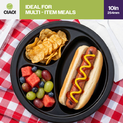 CIAO! 10" MFPP 3 Compartment Heavy Weight Plastic Plate Black (Case of 400)