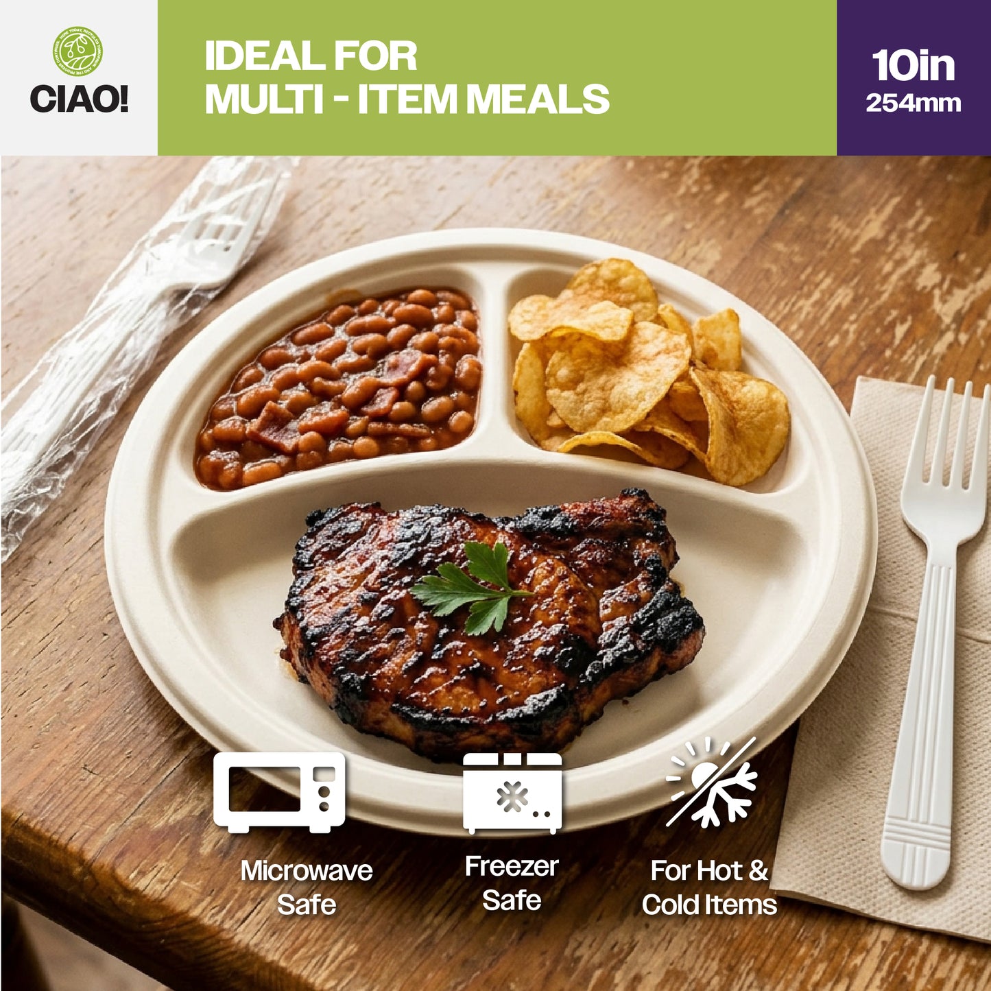 CIAO! 10" Heavy Duty Plate 3 compartment 100% Compostable PFAS Free Unbleached Bagasse Natural White (Pack of 500)