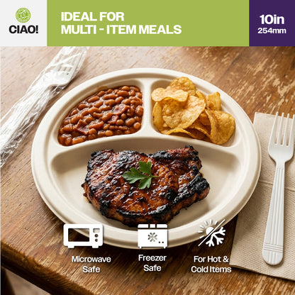 CIAO! 10" Heavy Duty Plate 3 compartment 100% Compostable PFAS Free Unbleached Bagasse Natural White (Pack of 500)