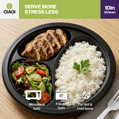 CIAO! 10" MFPP 3 Compartment Heavy Weight Plastic Plate Black (Case of 400)