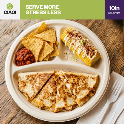 CIAO! 10" Heavy Duty Plate 3 compartment 100% Compostable PFAS Free Unbleached Bagasse Natural White (Pack of 500)