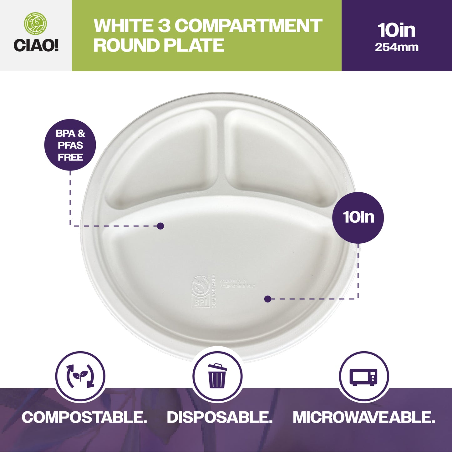 CIAO! 10" MFPP 3 Compartment Heavy Weight Plastic Plate White (Case of 400)