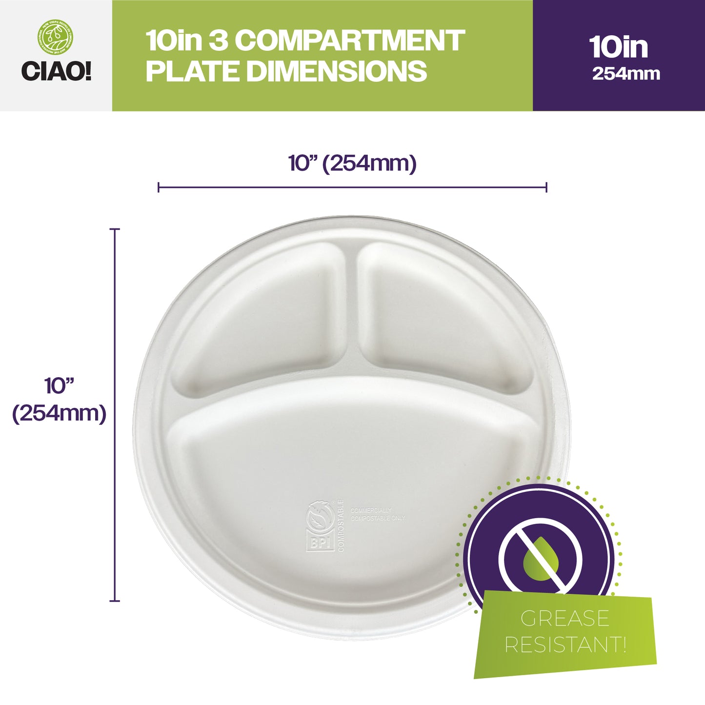 CIAO! 10" MFPP 3 Compartment Heavy Weight Plastic Plate White (Case of 400)