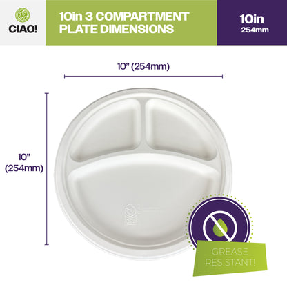 CIAO! 10" MFPP 3 Compartment Heavy Weight Plastic Plate White (Case of 400)
