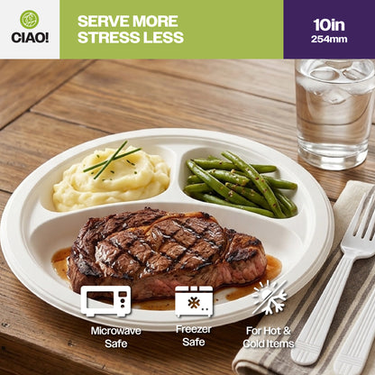 CIAO! 10" MFPP 3 Compartment Heavy Weight Plastic Plate White (Case of 400)