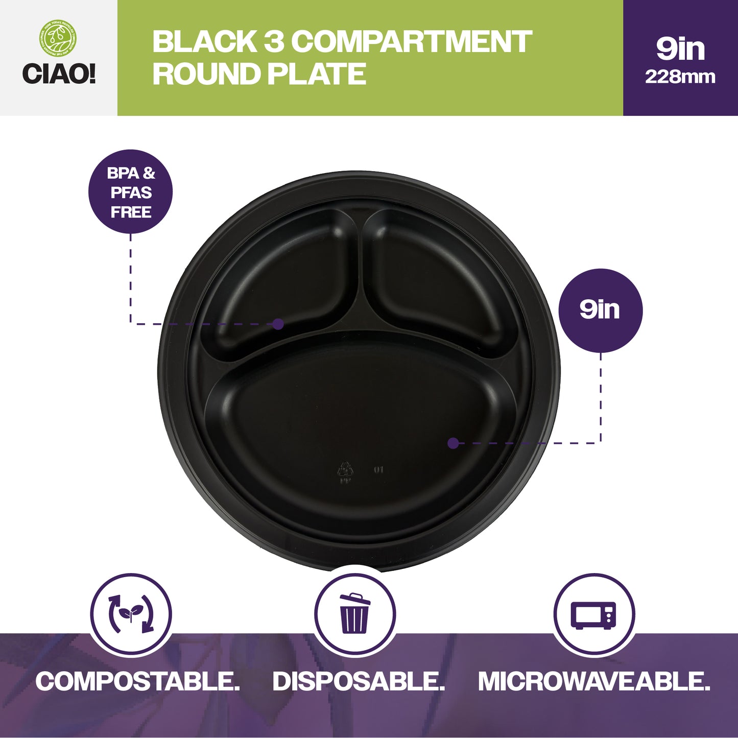 CIAO! 9" MFPP 3 Compartment Heavy Weight Plastic Plate Black (Case of 400)