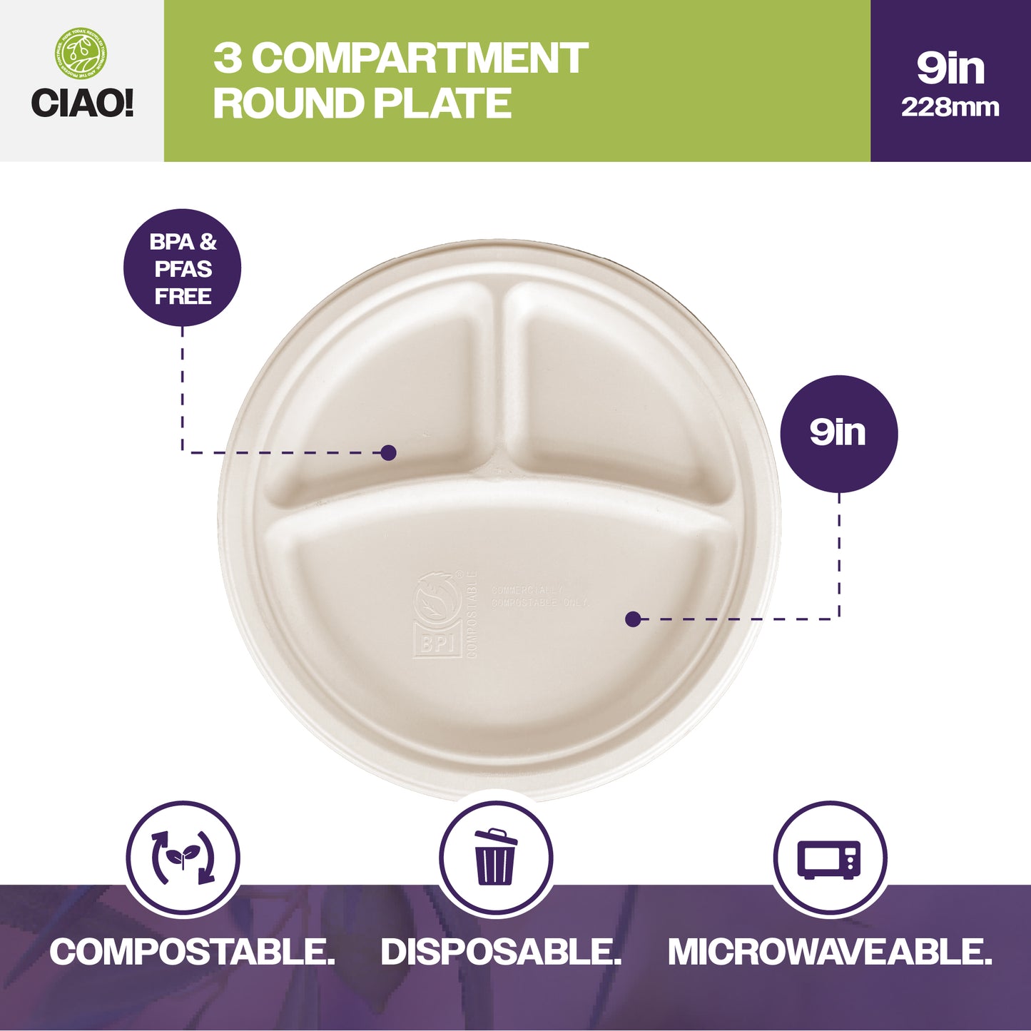 CIAO! 9" Heavy Duty Plate 3 compartment 100% Compostable PFAS Free Unbleached Bagasse Natural White (Pack of 500)
