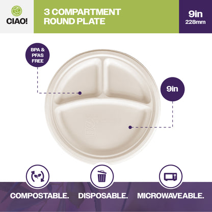 CIAO! 9" Heavy Duty Plate 3 compartment 100% Compostable PFAS Free Unbleached Bagasse Natural White (Pack of 500)
