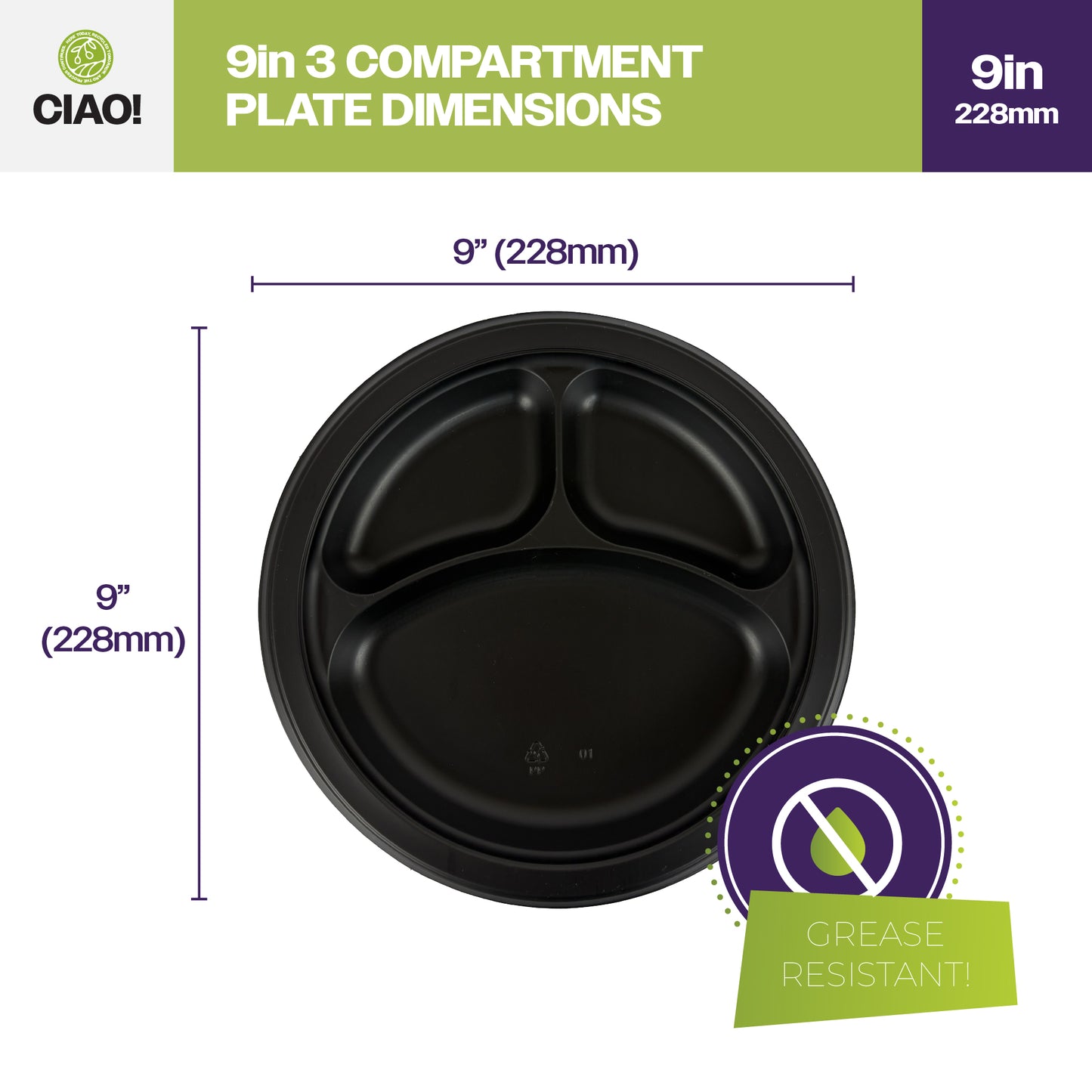 CIAO! 9" MFPP 3 Compartment Heavy Weight Plastic Plate Black (Case of 400)