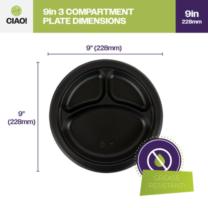 CIAO! 9" MFPP 3 Compartment Heavy Weight Plastic Plate Black (Case of 400)