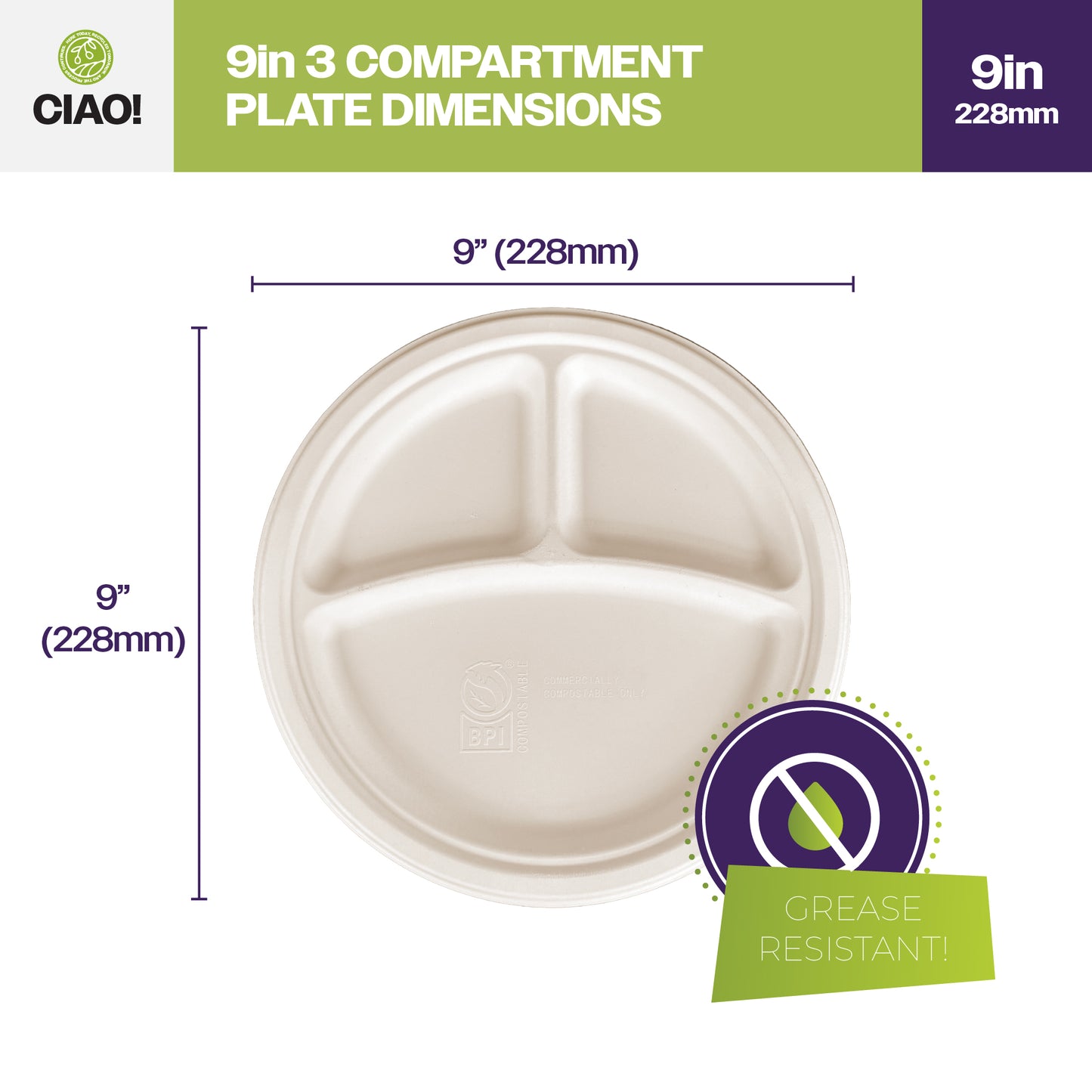CIAO! 9" Heavy Duty Plate 3 compartment 100% Compostable PFAS Free Unbleached Bagasse Natural White (Pack of 500)