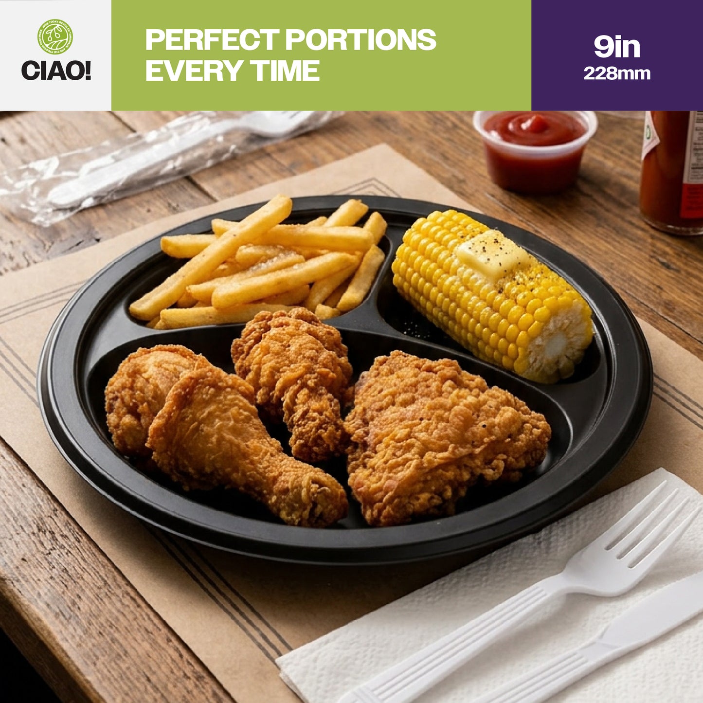 CIAO! 9" MFPP 3 Compartment Heavy Weight Plastic Plate Black (Case of 400)