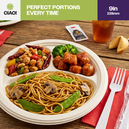 CIAO! 9" Heavy Duty Plate 3 compartment 100% Compostable PFAS Free Unbleached Bagasse Natural White (Pack of 500)