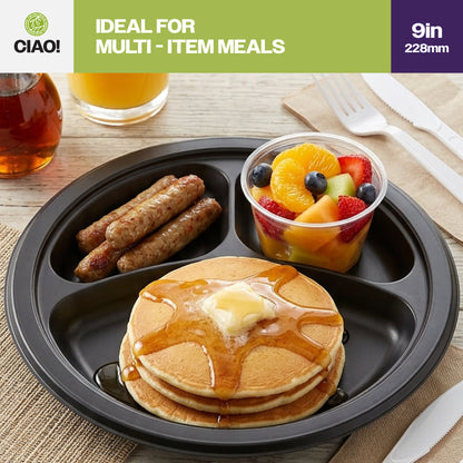 CIAO! 9" MFPP 3 Compartment Heavy Weight Plastic Plate Black (Case of 400)