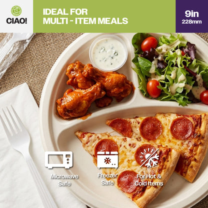 CIAO! 9" Heavy Duty Plate 3 compartment 100% Compostable PFAS Free Unbleached Bagasse Natural White (Pack of 500)