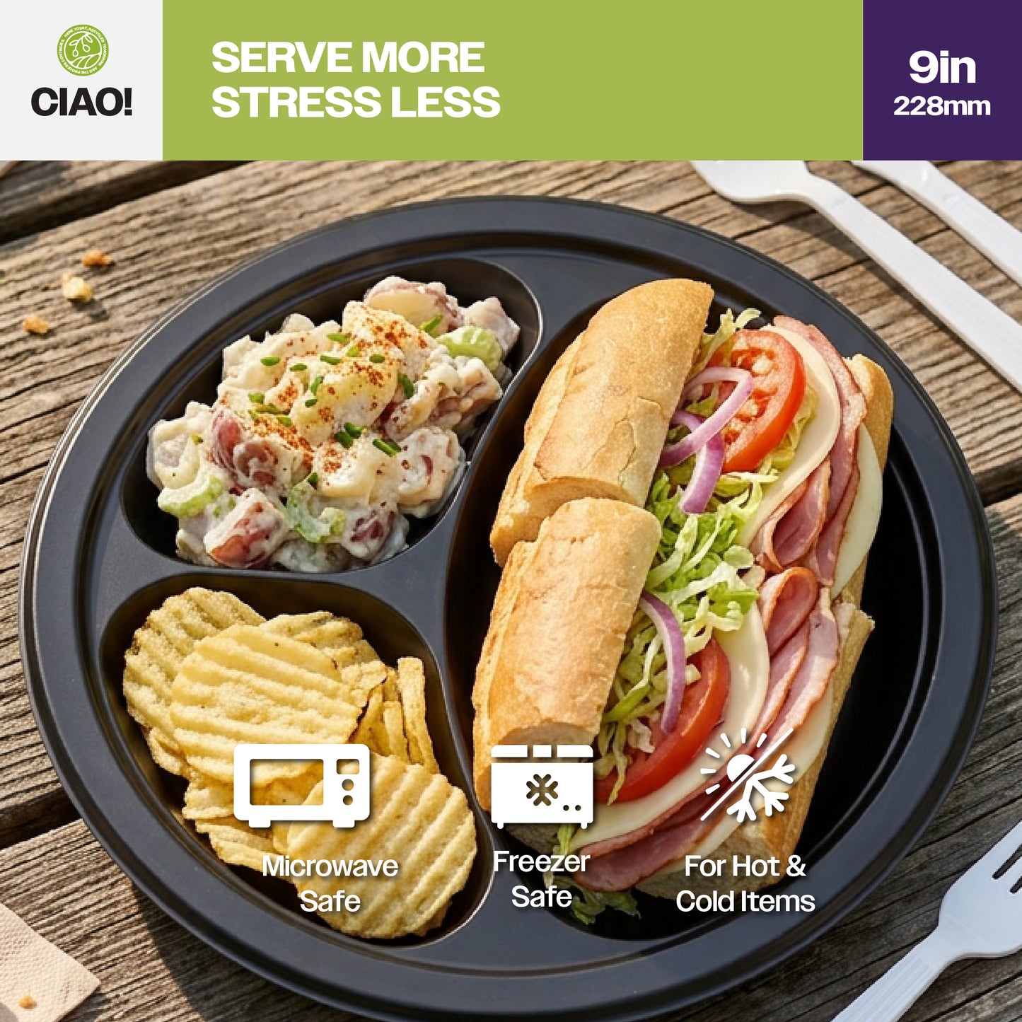CIAO! 9" MFPP 3 Compartment Heavy Weight Plastic Plate Black (Case of 400)
