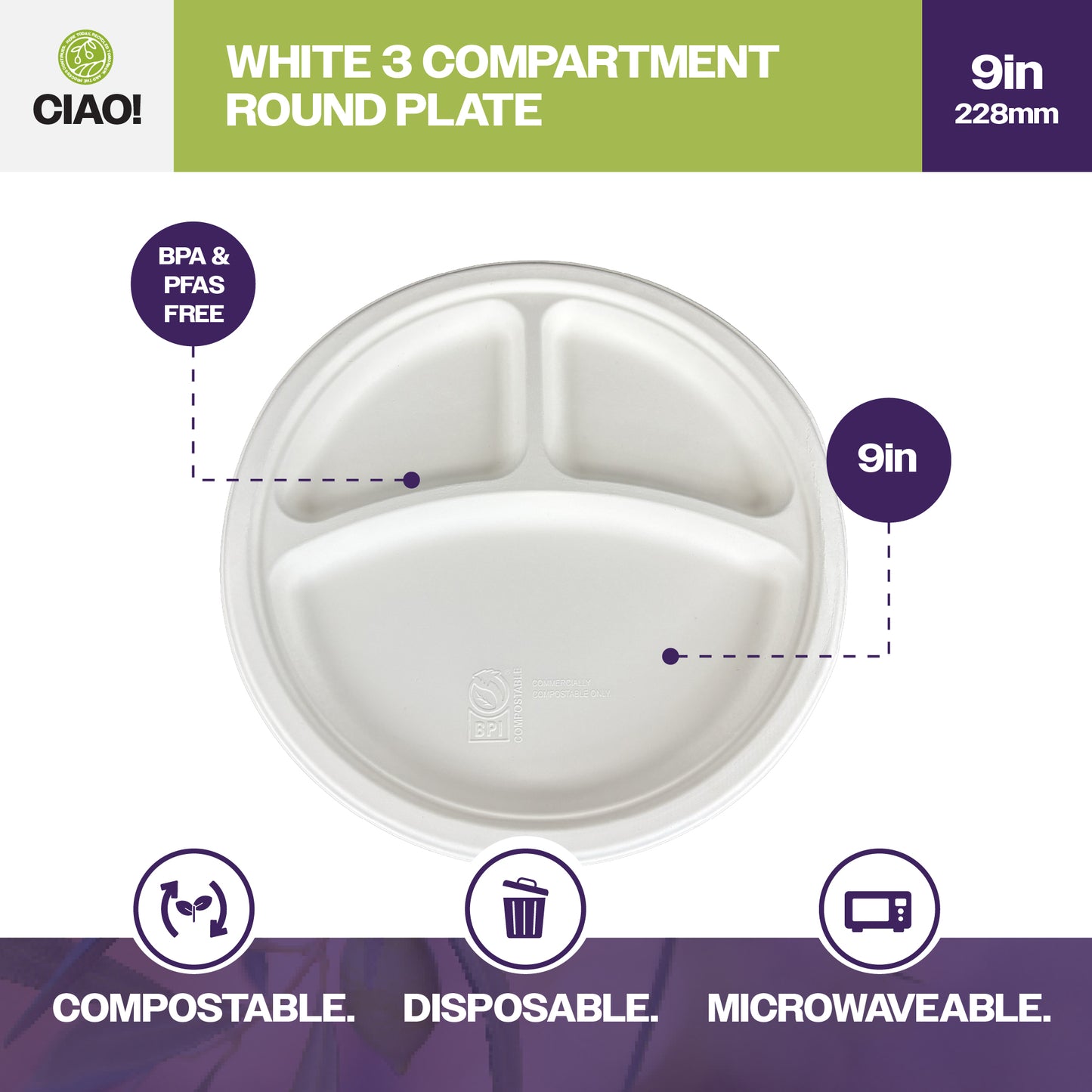 CIAO! 9" MFPP 3 Compartment Heavy Weight Plastic Plate White (Case of 400)